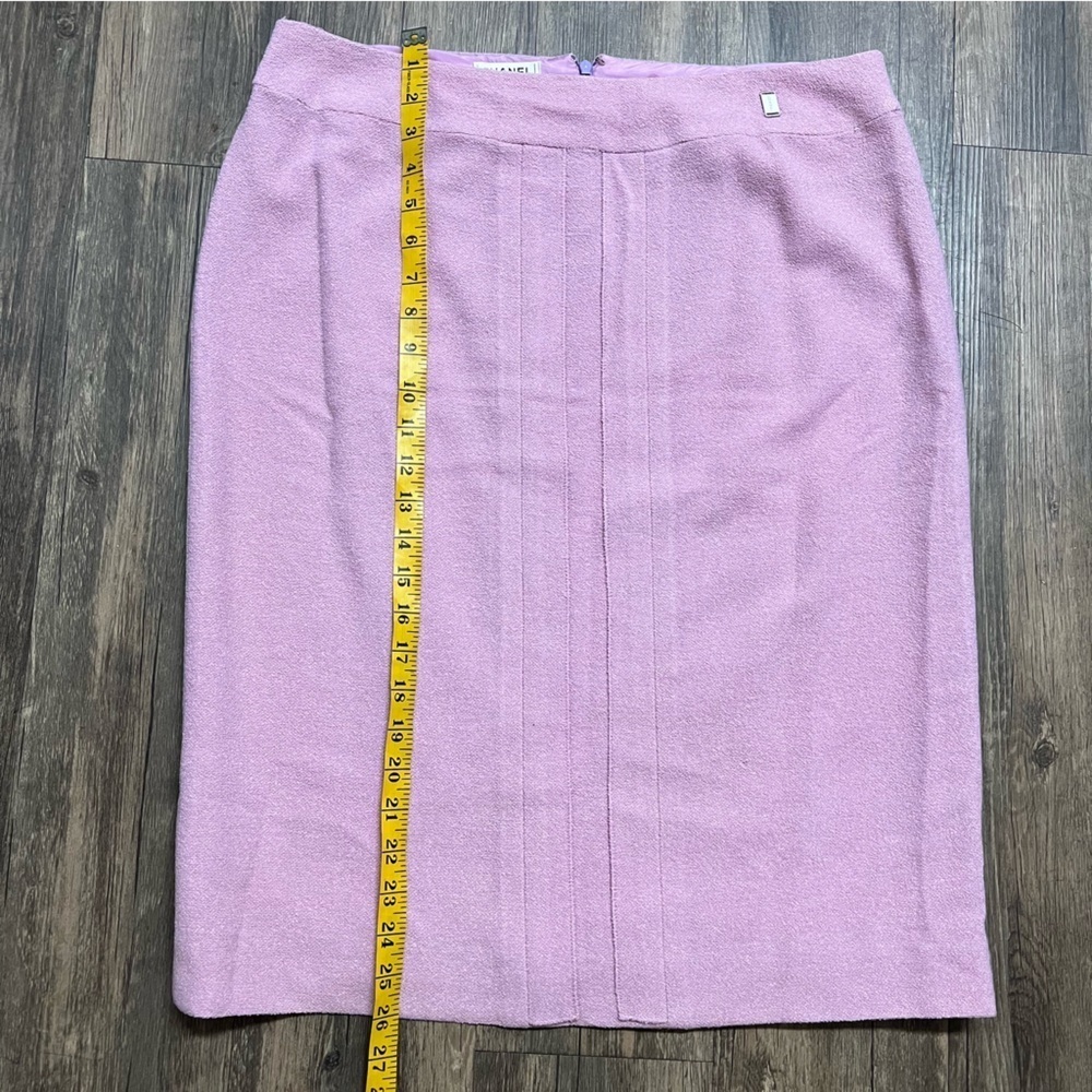 CHANEL Boutique Vtg 90s Pink Tweed Boucle Wool Midi Pencil Skirt Made France XL - Picture 13 of 14